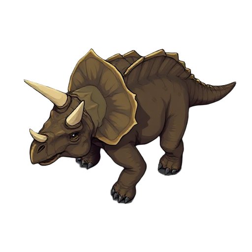 create a top-down sprite of a triceratops designed for a dark-themed dinosaur survival game. the style should be semi-realistic and slightly stylized, similar to early 2000s video game art (like plays