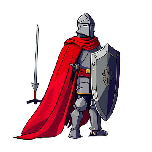  a knight with a red cape and a sword and shield