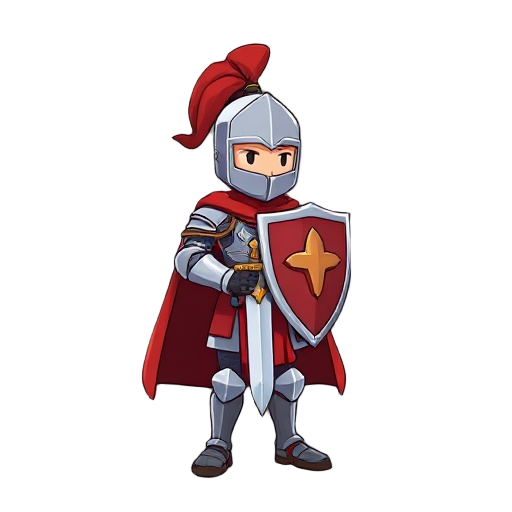  a knight with a red cape and a sword and shield