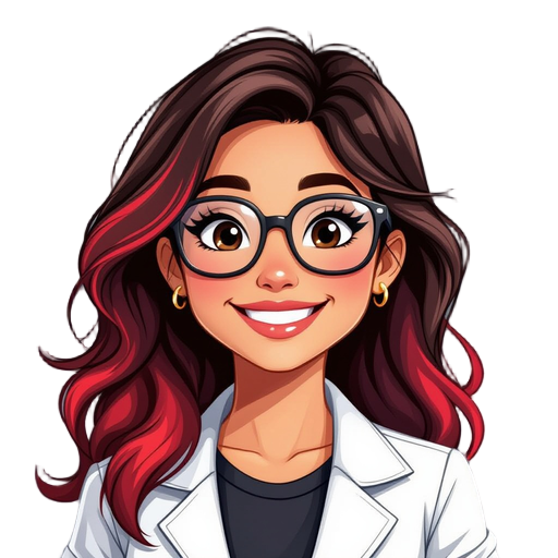 uma garota sorridente de óculos com cabelo longo e marrom com mechas vermelhas bem visíveis franja vermelha, vestindo um jaleco branco com pingos de sangue uma camisa preta, sem brincos