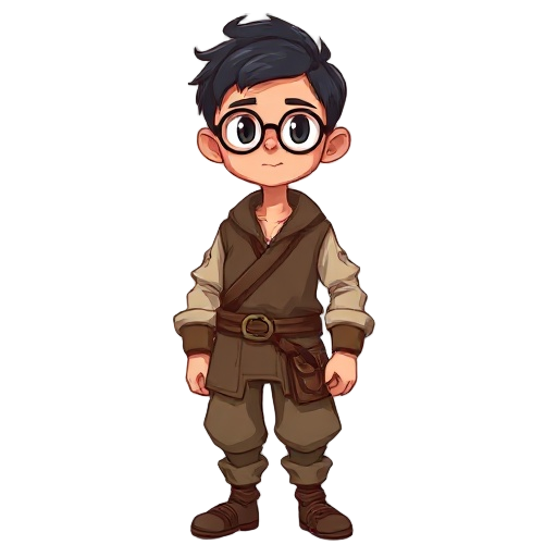 young male character, with light brown skin, short black hair, round glasses, wearing rustic peasant clothes with subtle magical details. he is a cute countryside mage