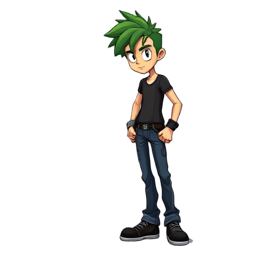 personaje pelo verde y negro, pantalón de jean negro con cadena estilo rock