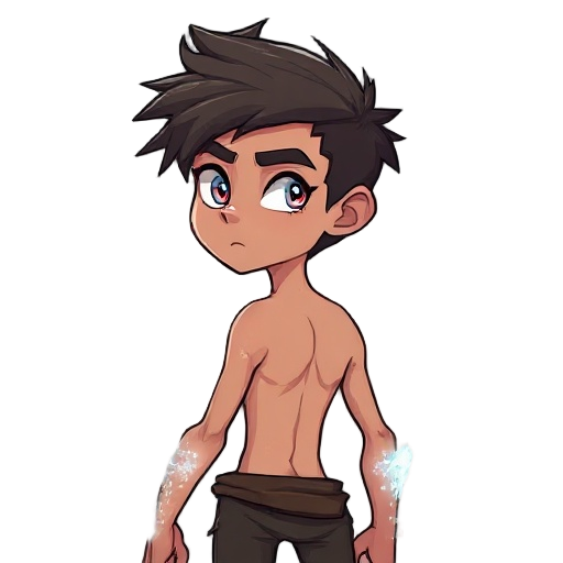 humanoid with faint crystal shards emerging from skin (forearms, shoulders, back). shards glow dimly with a prism-like sheen. male, aged 20s, lean but wiry build (survivor’s physique — looks like someone who hauls, climbs, and fights daily).eyes: one huma
