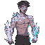 humanoid with faint crystal shards emerging from skin (forearms, shoulders, back). shards glow dimly with a prism-like sheen. male, aged 20s, lean but wiry build (survivor’s physique — looks like someone who hauls, climbs, and fights daily).eyes: one huma