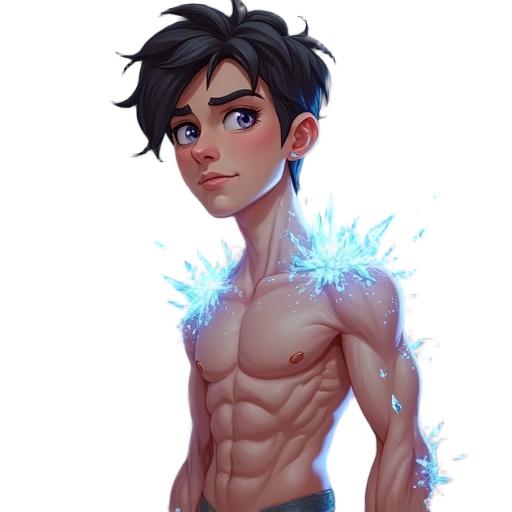 humanoid with faint crystal shards emerging from skin (forearms, shoulders, back). shards glow dimly with a prism-like sheen. male, aged 20s, lean but wiry build (survivor’s physique — looks like someone who hauls, climbs, and fights daily).eyes: one huma