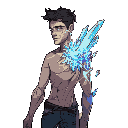 humanoid with faint crystal shards emerging from skin (forearms, shoulders, back). shards glow dimly with a prism-like sheen. male, aged 20s, lean but wiry build (survivor’s physique — looks like someone who hauls, climbs, and fights daily).eyes: one huma
