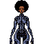 full body lightskinned black woman with black afro and future tech gear