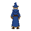 wizard character in blue rob with gold trim facing south west. for twin stick game. the wizard should not be holding anything