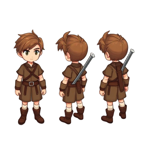 complete charset of a young male hero like in final fantasy tactics. he has brown hair, brown tunic and boots and he wore a sword on his back. chibi style. isometric. standing face, right, left, back.