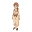 a female villager in neutral linen clothing