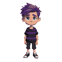 a 17-year-old boy with messy purple hair, blue eyes, wears a black and purple striped shirt, has a scar on his right eye and has large dark circles under his eyes.