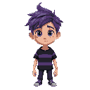 a 17-year-old boy with messy purple hair, blue eyes, wears a black and purple striped shirt, has a scar on his right eye and has large dark circles under his eyes.