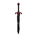 a black long sword with red details, its handle is decorated with ancient greek runic letters, the pommel is red as if it were a rare jewel