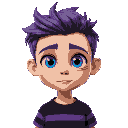 a boy with messy purple hair, blue eyes, wears a black and purple striped shirt, has a scar on his right eye and has large dark circles on his eyes.