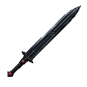 a black long sword with red details, its handle is decorated with ancient greek runic letters, the pommel is red as if it were a rare jewel