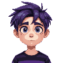 a 17-year-old boy with messy purple hair, blue eyes, wears a black and purple striped shirt, has a scar on his right eye and has large dark circles under his eyes.