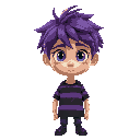 a 17-year-old boy with messy purple hair, blue eyes, wears a black and purple striped shirt, has a scar on his right eye and has large dark circles under his eyes.