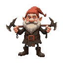 a dwarf with no legs carrying two pickaxes that are chained together