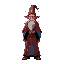 an ancient wizard adorned in a red and blue robe with stars all around it