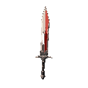 a simple jagged blade tinged with a hint of red made from but mostly bleachwhite from bone with an iron hilt