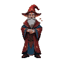an ancient wizard adorned in a red and blue robe with stars all around it