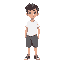 a boy , waering white tshirt and half pant. 