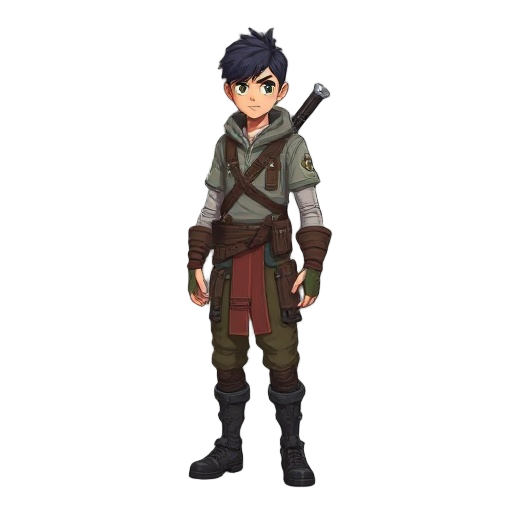 create a character for a survivor mmorpg, this character need to present four places, front, right side, left side and back side
