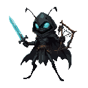 humanoid ant warrior wearing a dark torn cloak, with glowing cyan eyes and black chitin armor. the character holds a crystal sword in one hand and a bow made of sticks and spider web in the other. it has thin insect legs, two short antennae, and a mysteri