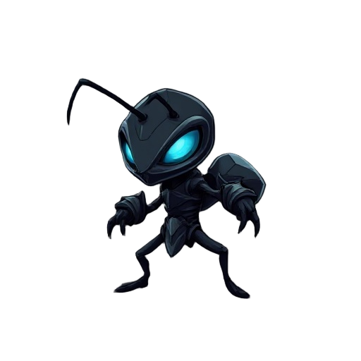 small warrior ant character, humanoid shape. the ant has black armor-like body, glowing cyan eyes, style inspired by hollow knight, dark fantasy atmosp