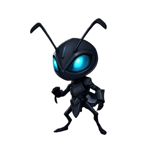 small warrior ant character, humanoid shape. the ant has black armor-like body, glowing cyan eyes, style inspired by hollow knight, dark fantasy atmosp