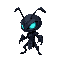 small warrior ant character, humanoid shape. the ant has black armor-like body, glowing cyan eyes, style inspired by hollow knight, dark fantasy atmosp