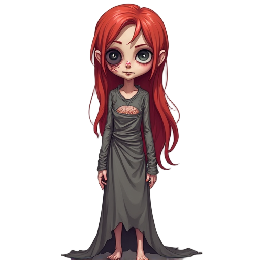 female character, low height, skinny body, cursed by the god of destruction, long red hair, only right eye visible (solid black), left side of face is decayed and rotting, body wrapped in cloth and ba