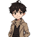 anime boy with messy dark brown hair, sharp eyes, smiling, beige trench coat, black vest, white shirt with scarf, hands in pockets, calm and mysterious vibe, modern detective style.