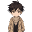 anime boy with messy dark brown hair, sharp eyes, smiling, beige trench coat, black vest, white shirt with scarf, hands in pockets, calm and mysterious vibe, modern detective style.