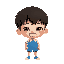 character of a asian boy with small line eyes and big buck teeth. squinting. looking to the right. short bowl cut. white collar short. blue shorts