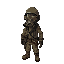 a post-apocalyptic scavenger wearing a gas mask with realistic proportions, facing south west