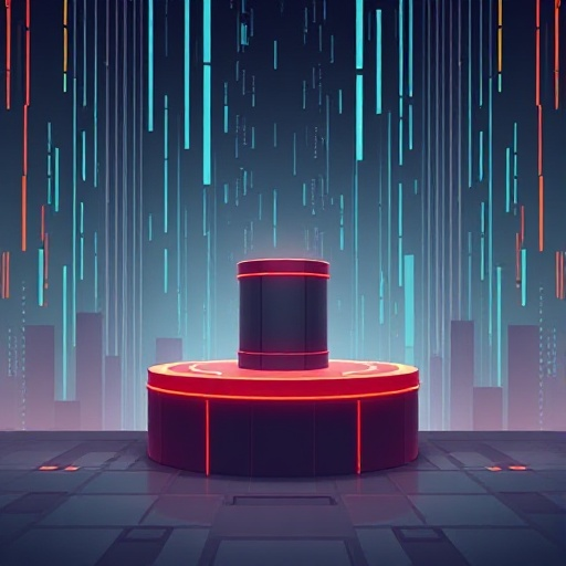 minimalist digital technology matrix world background boss scene with cylinder platform at middle, bottom half and eye-level angle