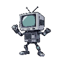 full body enemy embodying a computer figure with a tv monitor head with a body made of computer hardware with eye-level angle facing west and slightly tilted towards the camera with fighting pose