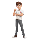full body college student with white polo and red circle logo on chest pocket with gray pants with eye-level angle facing east and slightly tilted towards the camera with fighting pose