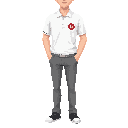student with white polo and red circle logo on chest pocket with gray pants
