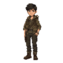 kaelen (the chronicler - 2025 a.d.) - in their early 20s with intelligent, curious eyes. wears practical, modern attire: a multi-pocketed field jacket over a simple shirt, durable cargo pants or jeans, and sturdy work boots. carries a worn leather satchel