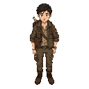 kaelen (the chronicler - 2025 a.d.) - in their early 20s with intelligent, curious eyes. wears practical, modern attire: a multi-pocketed field jacket over a simple shirt, durable cargo pants or jeans, and sturdy work boots. carries a worn leather satchel