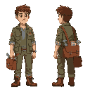 in their early 20s with intelligent, curious eyes. wears practical, modern attire: a multi-pocketed field jacket over a simple shirt, durable cargo pants or jeans, and sturdy work boots. carries a worn leather satchel filled with tools, journals, and arti