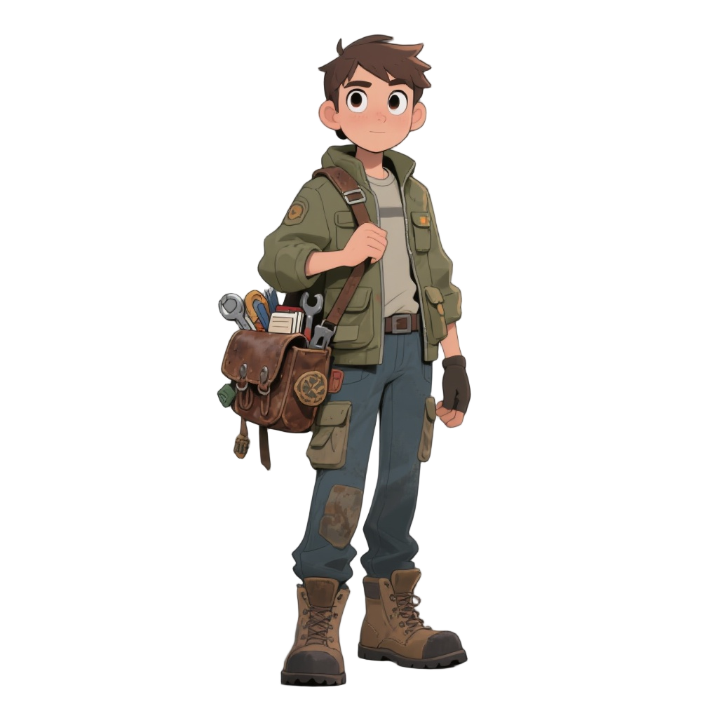 in their early 20s with intelligent, curious eyes. wears practical, modern attire: a multi-pocketed field jacket over a simple shirt, durable cargo pants or jeans, and sturdy work boots. carries a worn leather satchel filled with tools, journals, and arti