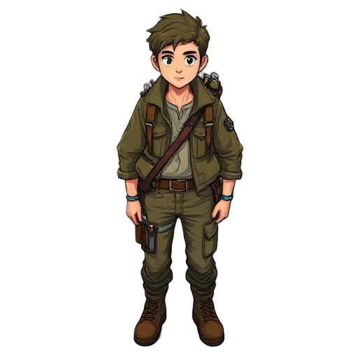 kaelen (the chronicler - 2025 a.d.) - in their early 20s with intelligent, curious eyes. wears practical, modern attire: a multi-pocketed field jacket over a simple shirt, durable cargo pants or jeans, and sturdy work boots. carries a worn leather satchel