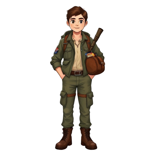 in their early 20s with intelligent, curious eyes. wears practical, modern attire: a multi-pocketed field jacket over a simple shirt, durable cargo pants or jeans, and sturdy work boots. carries a worn leather satchel filled with tools, journals, and arti
