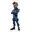 side view of chuck norris with an eye patch in blue combat suit
