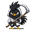 chibi black angry rooster his comb is black his chin is black beard every part of his body is black yellow beak yellow feet wearing a white hood holding a scythe