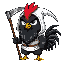 chibi black angry rooster no shirt or pants his comb is black his chin is black long black beard every part of his body is black yellow beak yellow feet wearing a white hood holding a scythe