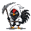 chibi black angry rooster his comb is black his chin is black long black beard every part of his body is black yellow beak yellow feet wearing a white hood holding a scythe
